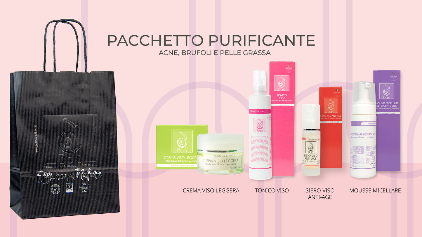 Balù Cosmetica - Pacchetto PURIFICANTE – Crema Viso Idratante Leggera + Siero Viso Anti-Age + Tonico Viso + Mouse Micellare